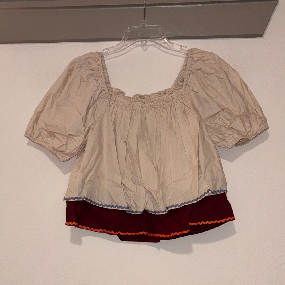 English Factory Colorblock Rickrack Trim Puff Sleeve Top SZ M NWT - Picture 3 of 6